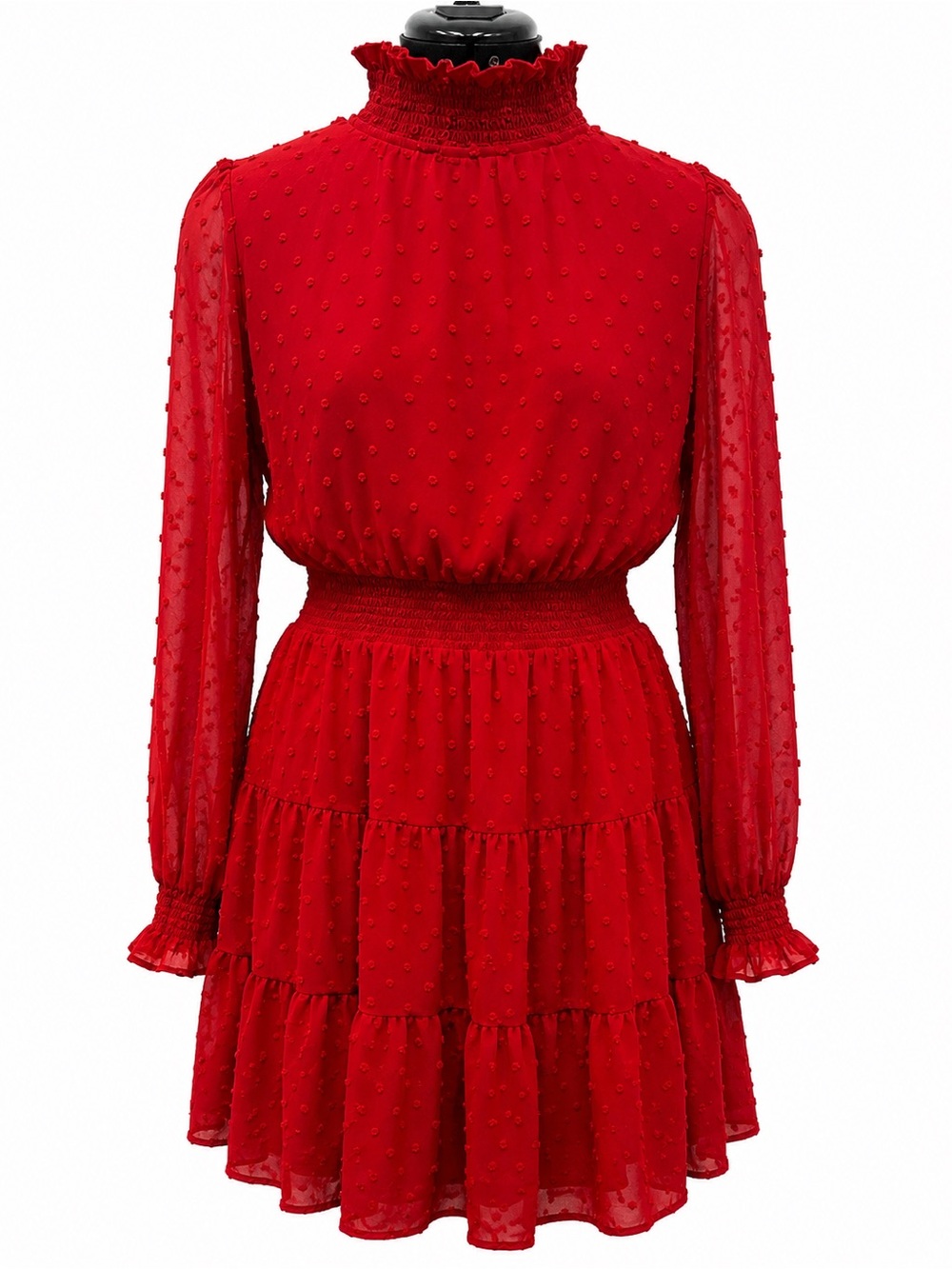 Sweet Wanderer Red Swiss Dot Ruffled High-Neck Long-Sleeve Dress